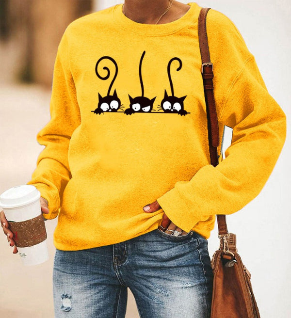 Damen Sweatshirt Oversized Baumwolle Katzenmuster Grau