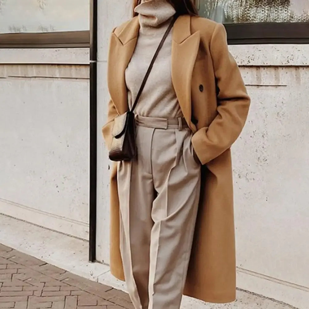 Damen Trenchcoat Wolllook Doppelreiherschluss Lang Reverskragen - Eveloria