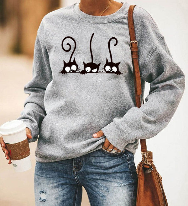 Damen Sweatshirt Oversized Baumwolle Katzenmuster Grau
