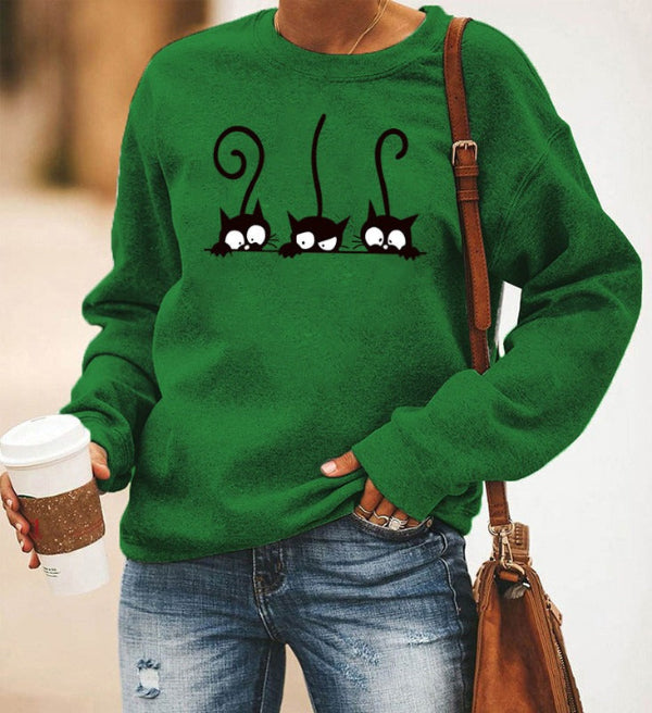 Damen Sweatshirt Oversized Baumwolle Katzenmuster Grau