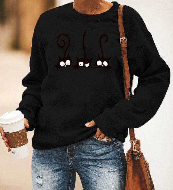 Damen Sweatshirt Oversized Baumwolle Katzenmuster Grau
