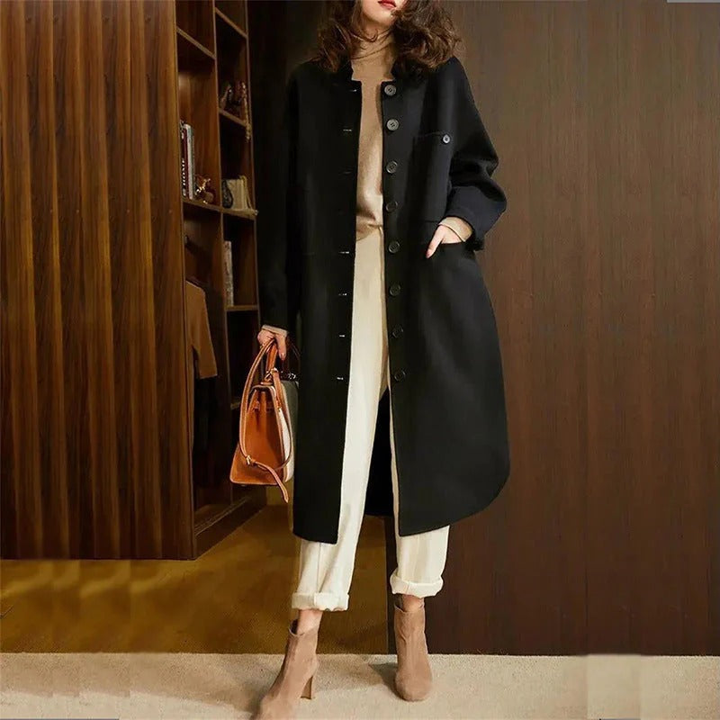 Damen Trenchcoat Wollmischung Lässig Lang Kragenlos Schwarz - Eveloria