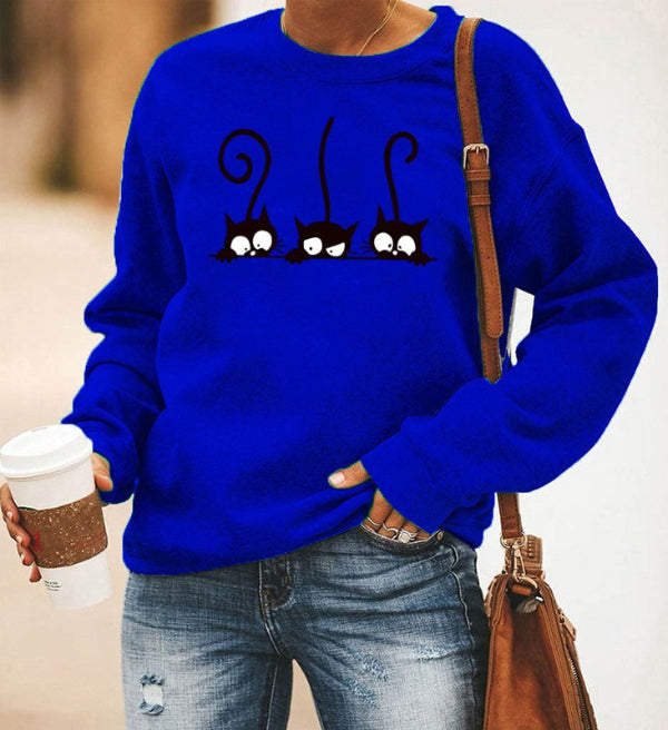 Damen Sweatshirt Oversized Baumwolle Katzenmuster Grau