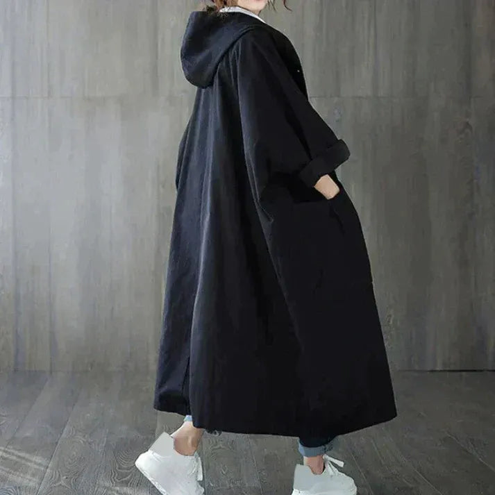 Damen Trenchcoat Oversized Kapuze Baumwolle Lang
