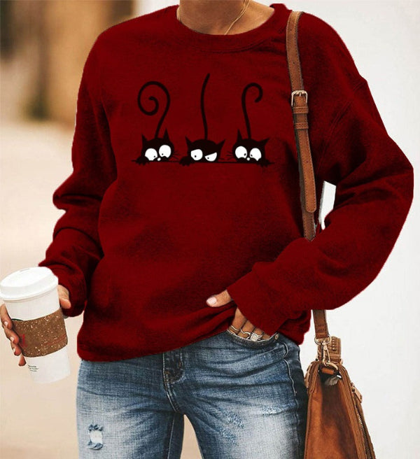 Damen Sweatshirt Oversized Baumwolle Katzenmuster Grau