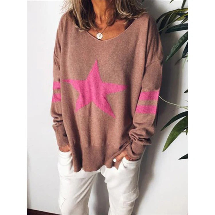 Eveloria Damen Pullover Weiches Strick Rundhalsausschnitt Sternmuster - Eveloria