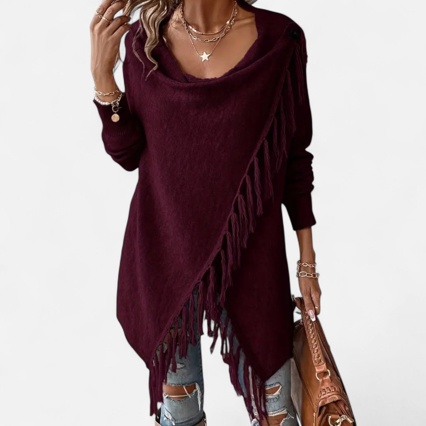 Damen Fransen-Pullover V-Ausschnitt Strickpullover Braun