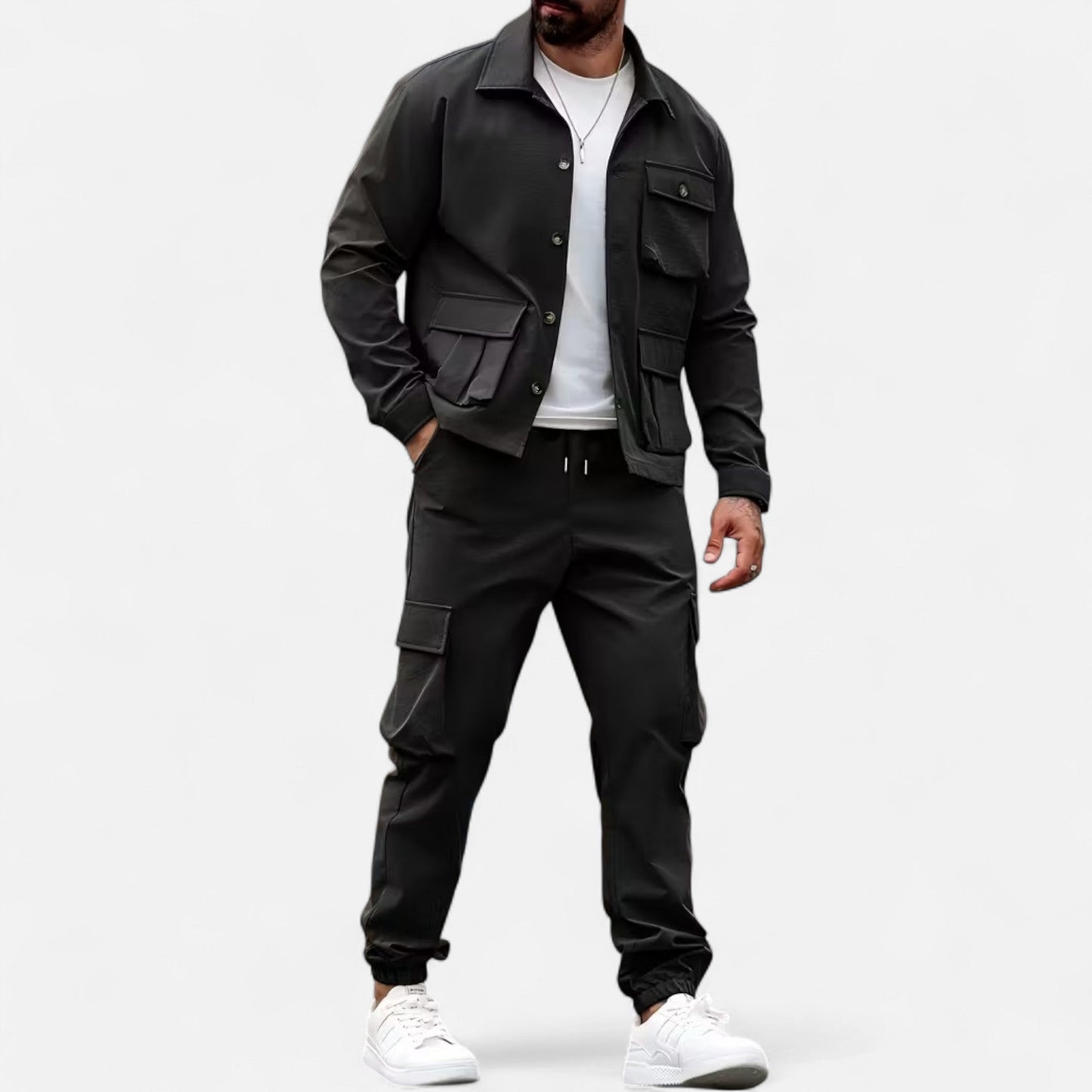 Herren Casual Workwear Set Multi-Taschen Hemd Jogger Kordelzug