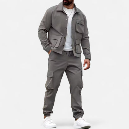 Herren Casual Workwear Set Multi-Taschen Hemd Jogger Kordelzug
