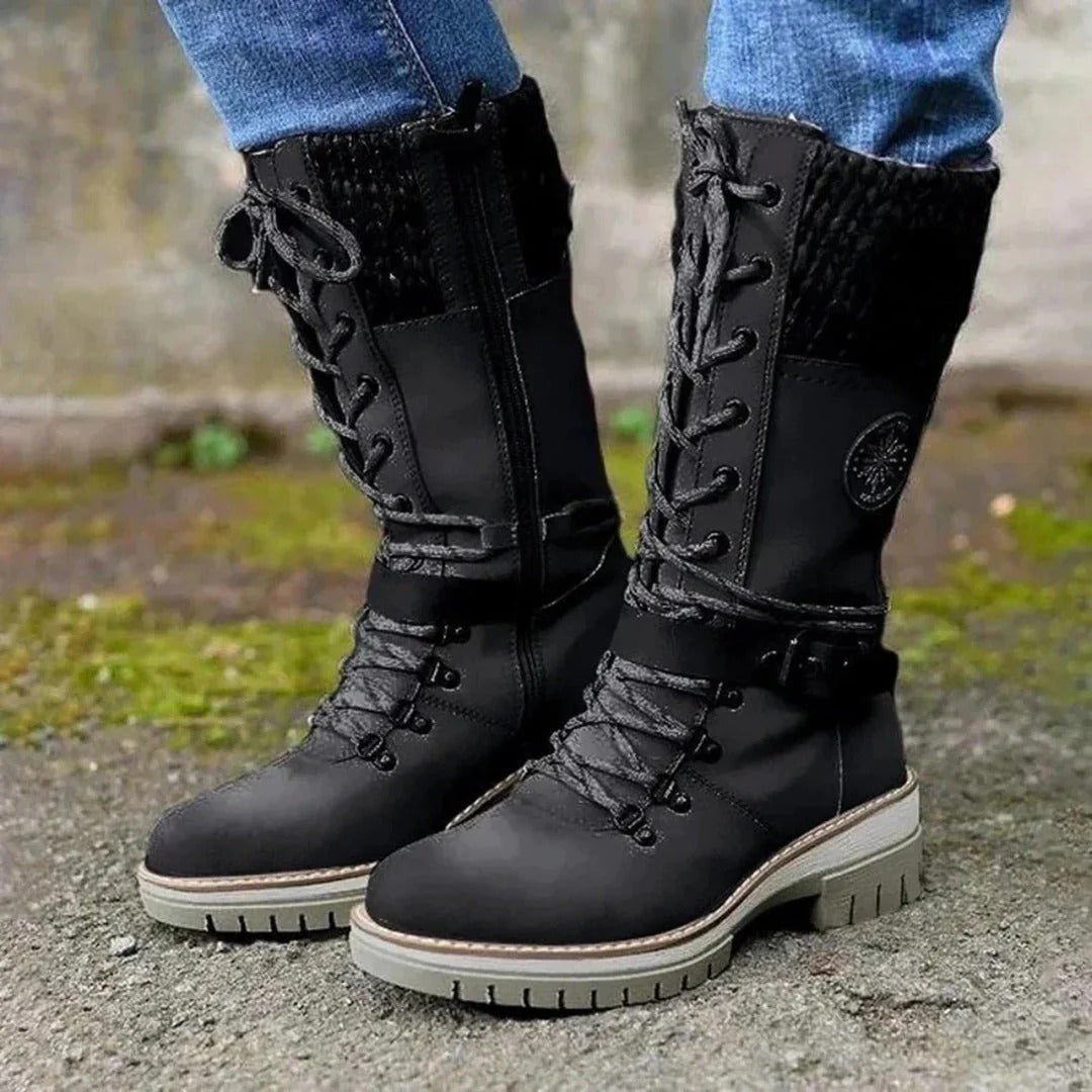 Damen Kniehohe Stiefel Wollbund Schnürfront