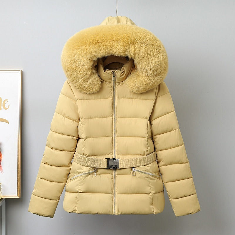 Damen Pufferjacke mit Gürtel und Fellkapuze