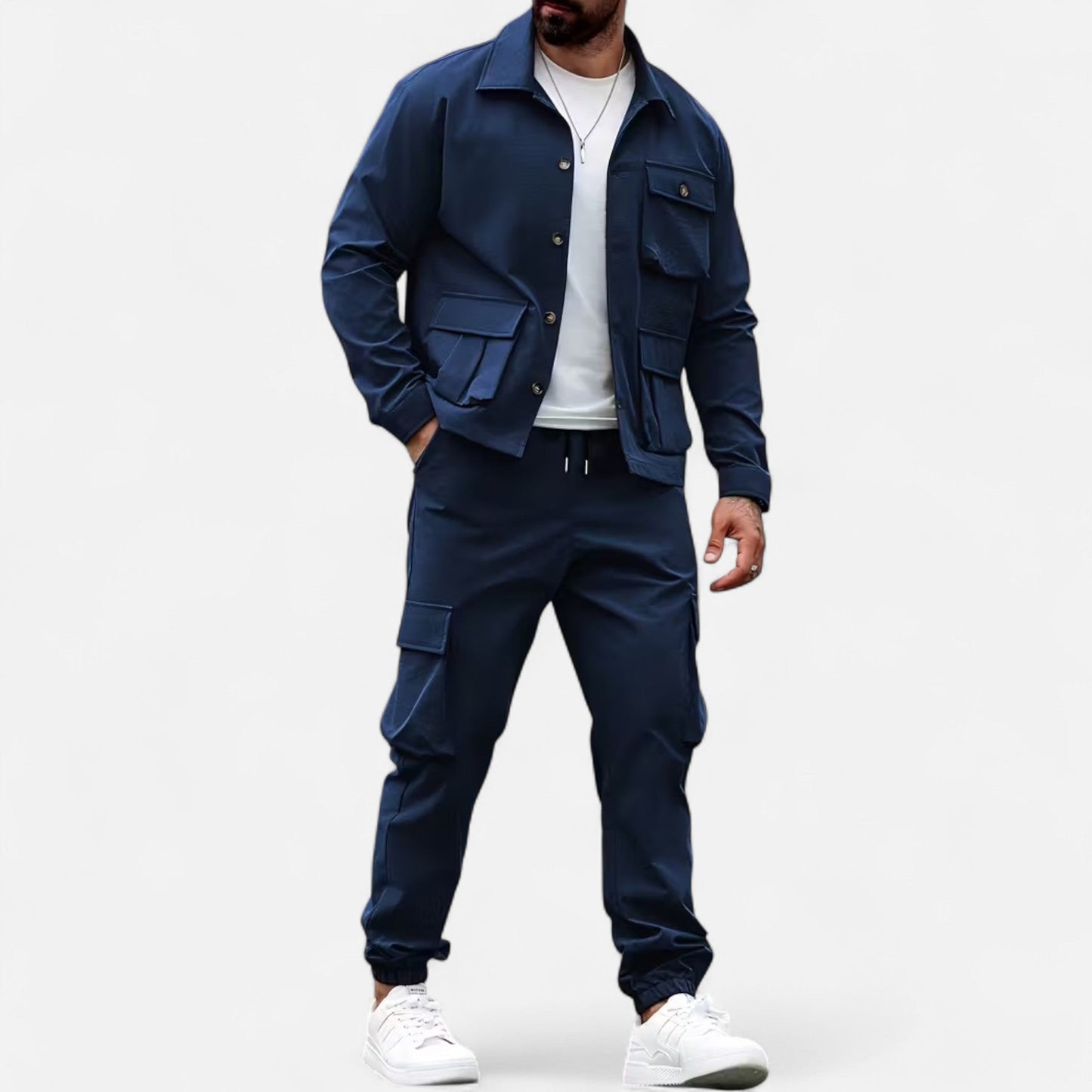 Herren Casual Workwear Set Multi-Taschen Hemd Jogger Kordelzug