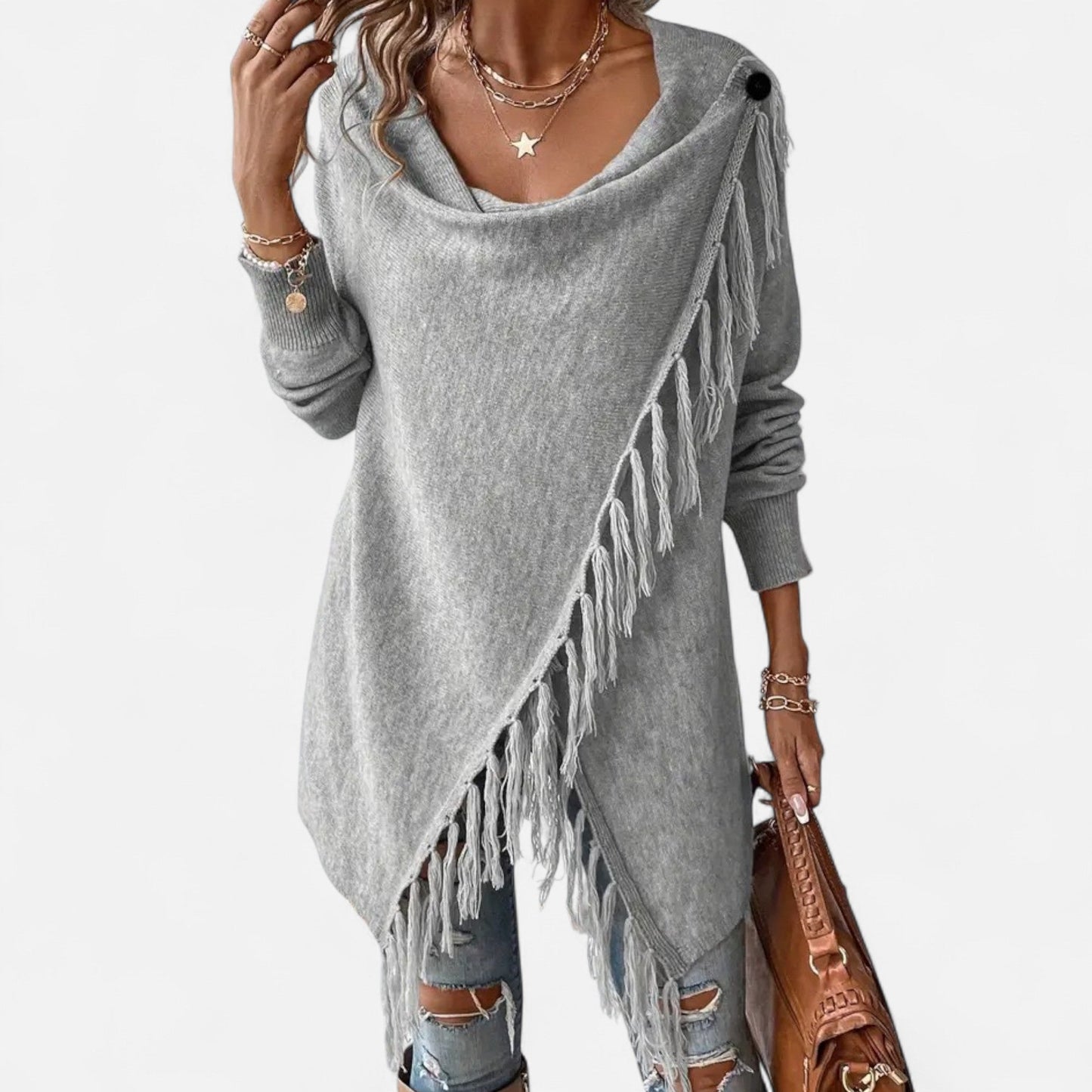 Damen Fransen-Pullover V-Ausschnitt Strickpullover Braun
