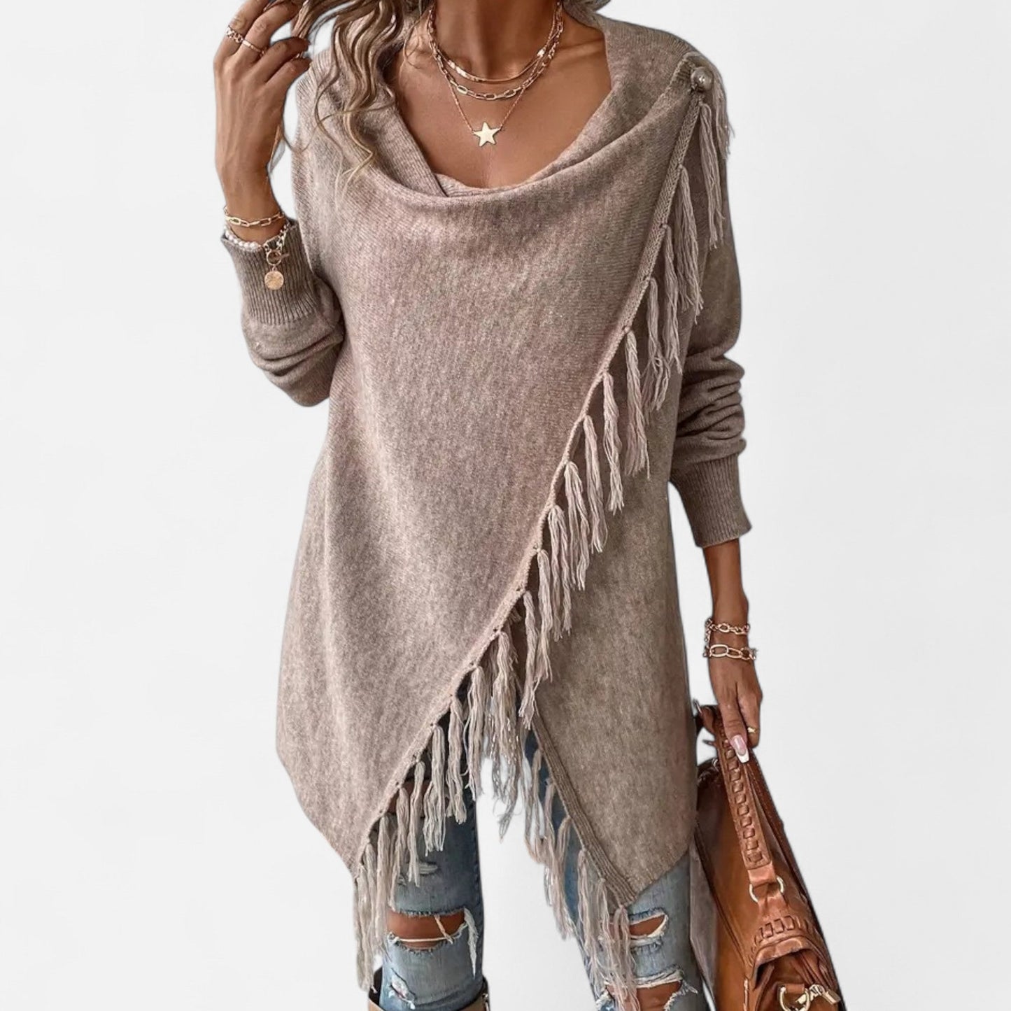 Damen Fransen-Pullover V-Ausschnitt Strickpullover Braun