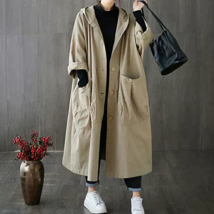 Damen Trenchcoat Oversized Kapuze Baumwolle Lang - Eveloria