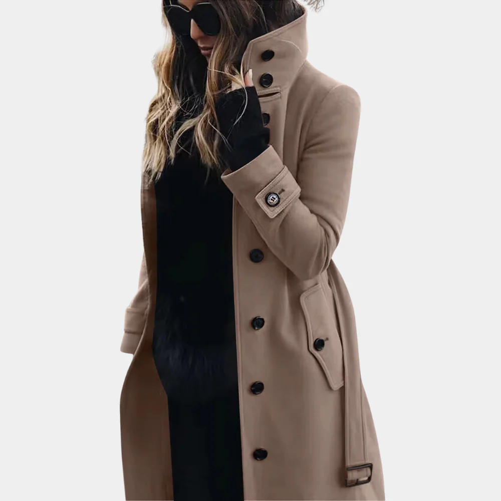 Damen Trenchcoat Wolltextur Taillierte Passform Schwarz - Eveloria