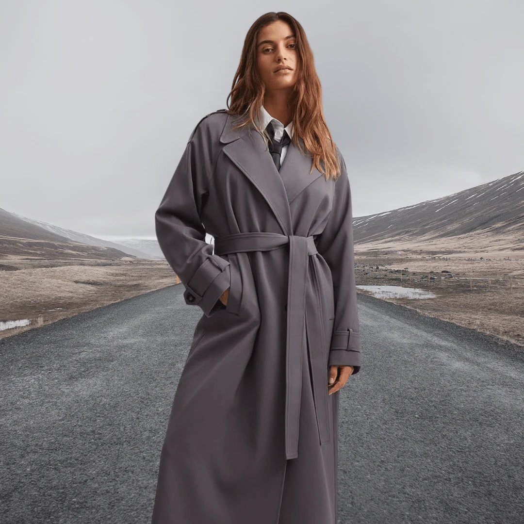 Damen Trenchcoat Wollmischung Lockere Passform Mit Gürtel