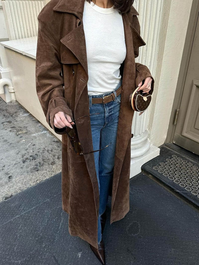 Damen Trenchcoat Lockere Passform Wildlederoptik Mit Gürtel - Eveloria