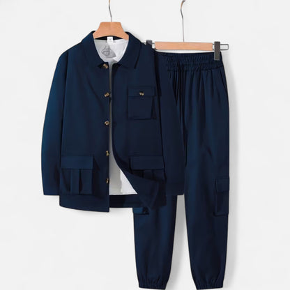 Herren Casual Workwear Set Multi-Taschen Hemd Jogger Kordelzug