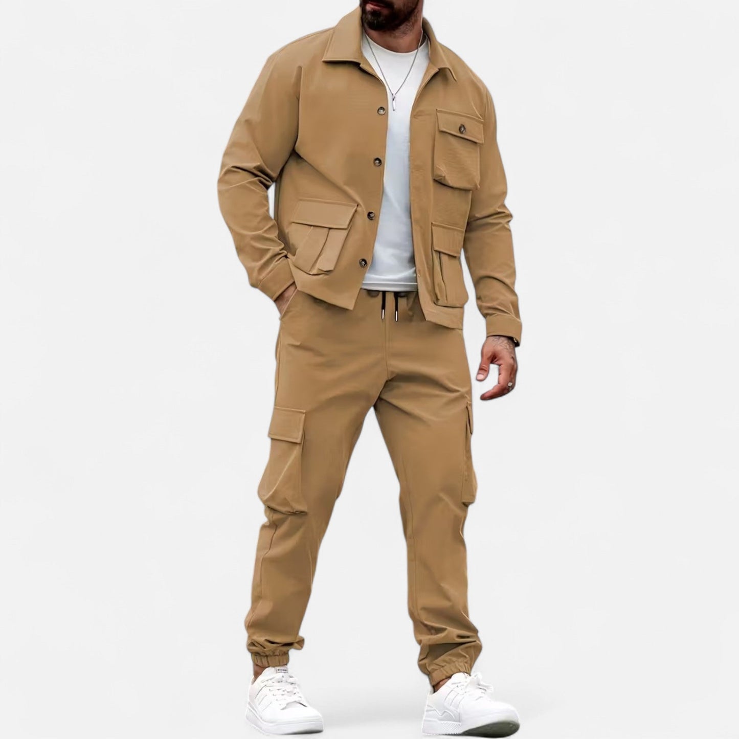 Herren Casual Workwear Set Multi-Taschen Hemd Jogger Kordelzug