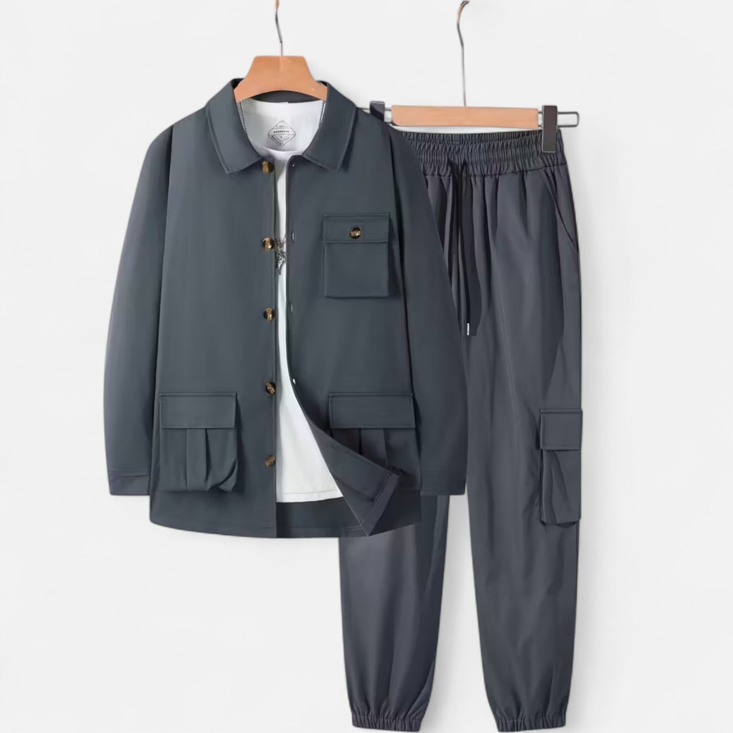 Herren Casual Workwear Set Multi-Taschen Hemd Jogger Kordelzug