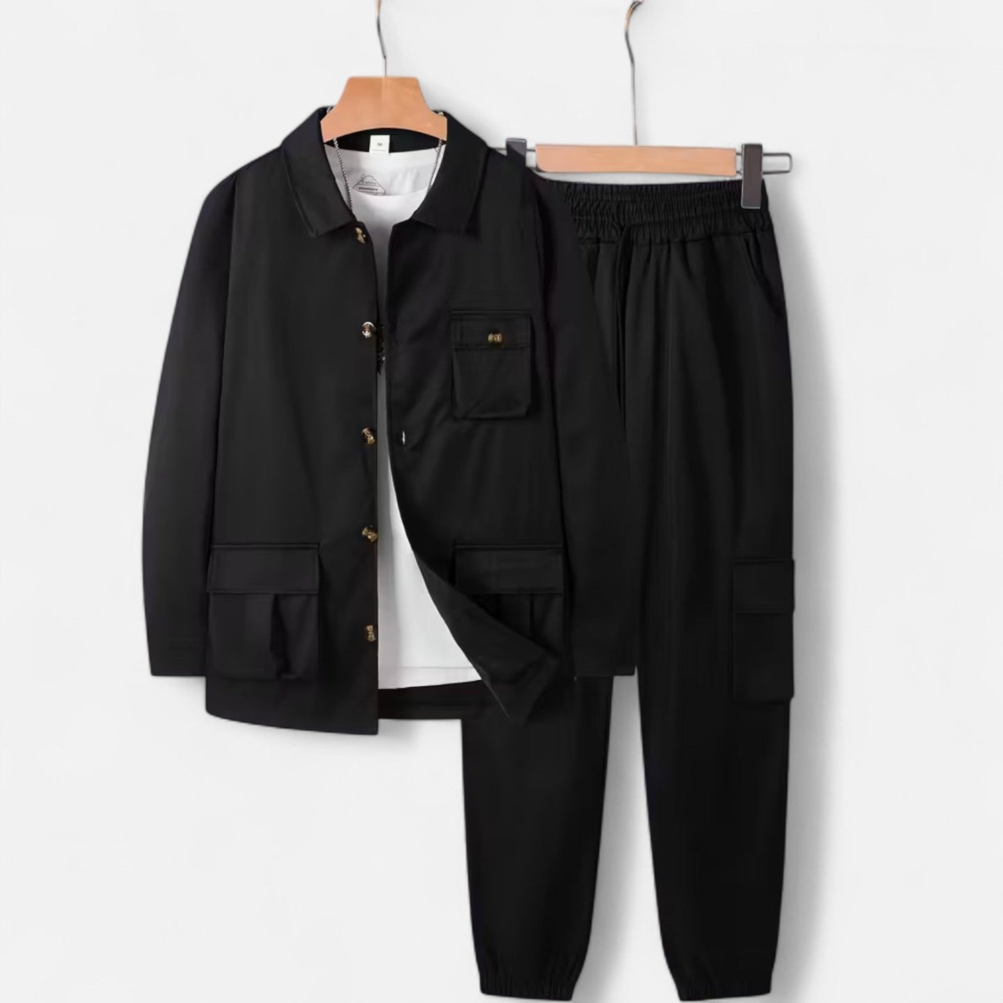 Herren Casual Workwear Set Multi-Taschen Hemd Jogger Kordelzug