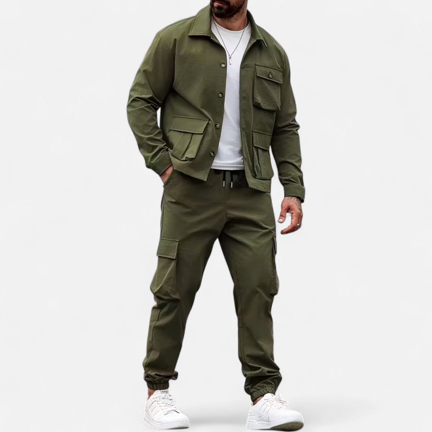 Herren Casual Workwear Set Multi-Taschen Hemd Jogger Kordelzug - Eveloria