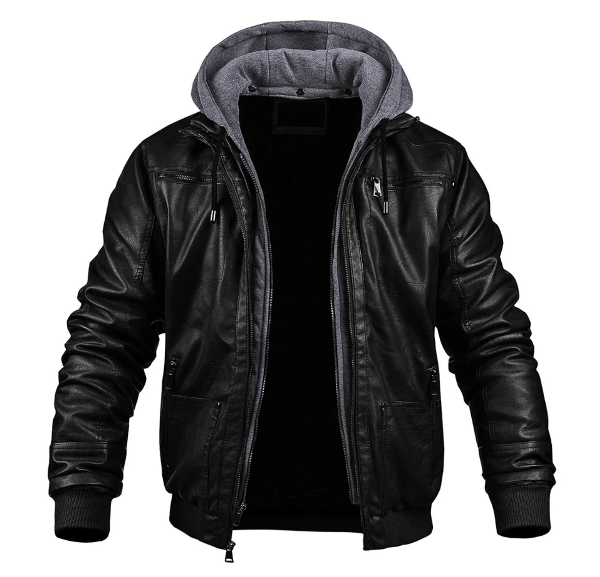 Herren Lederjacke Slim Fit mit Kapuze und Reißverschluss Schwarz - Eveloria