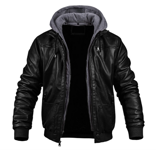 Herren Lederjacke Slim Fit mit Kapuze und Reißverschluss Schwarz - Eveloria