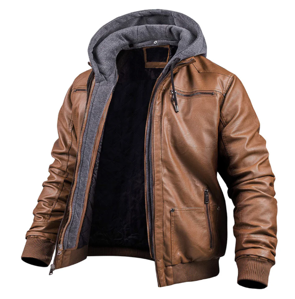 Herren Lederjacke Slim Fit mit Kapuze und Reißverschluss