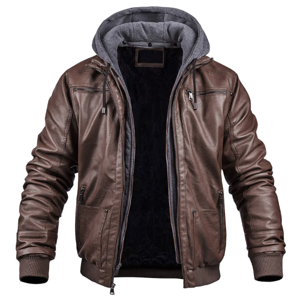 Herren Lederjacke Slim Fit mit Kapuze und Reißverschluss