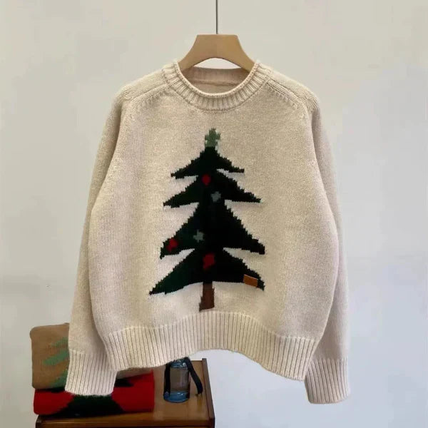 Eveloria Damen Pullover Wollstrick Rundhalsausschnitt Baumgrafik - Eveloria