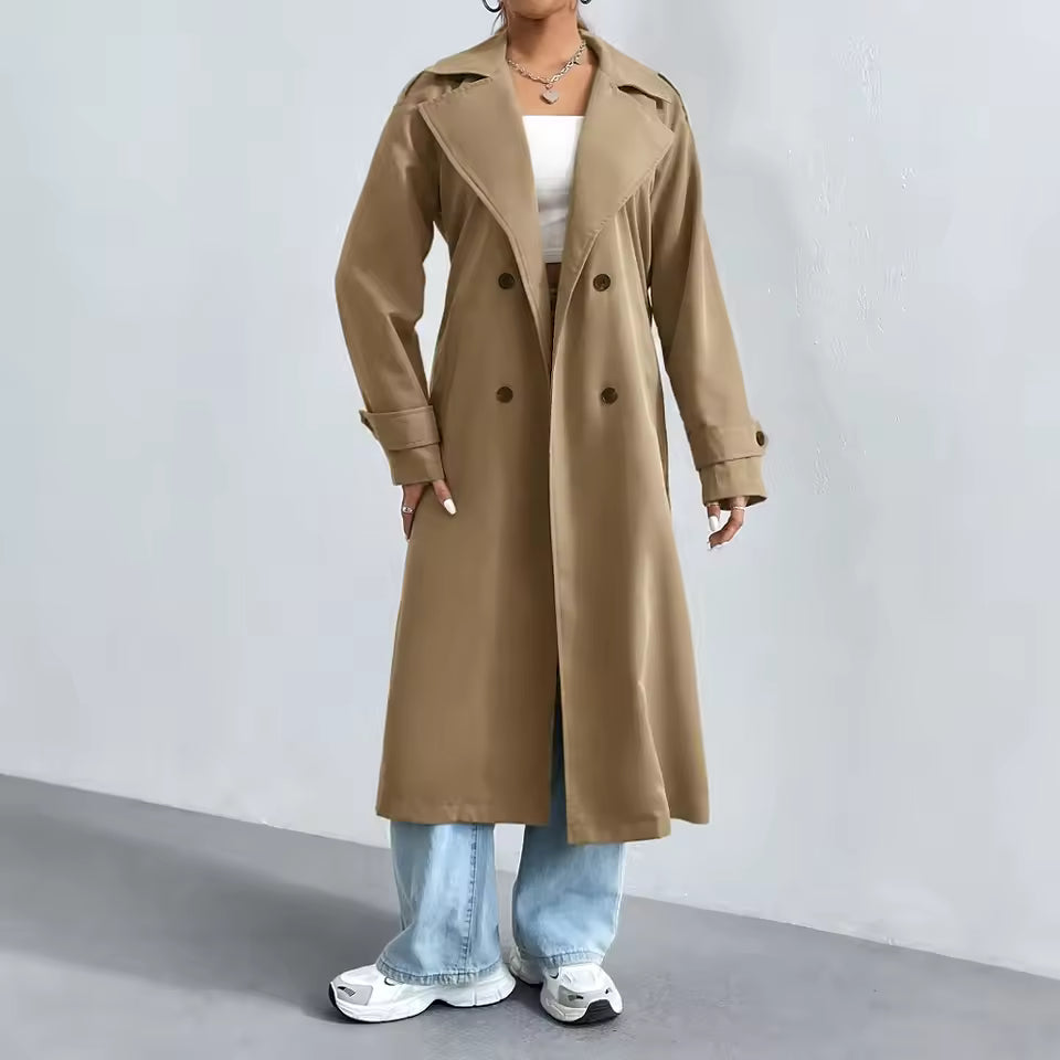 Eveloria Damen Trenchcoat Baumwollmischung Reverskragen Lang - Eveloria
