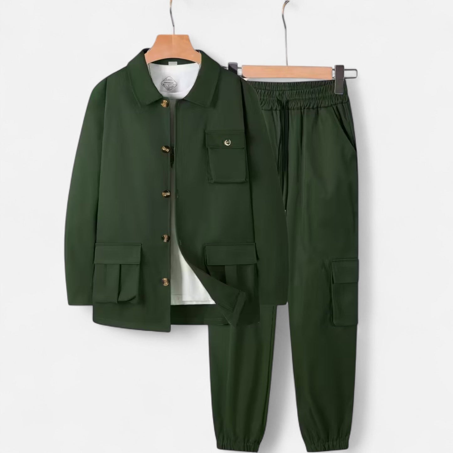 Herren Casual Workwear Set Multi-Taschen Hemd Jogger Kordelzug