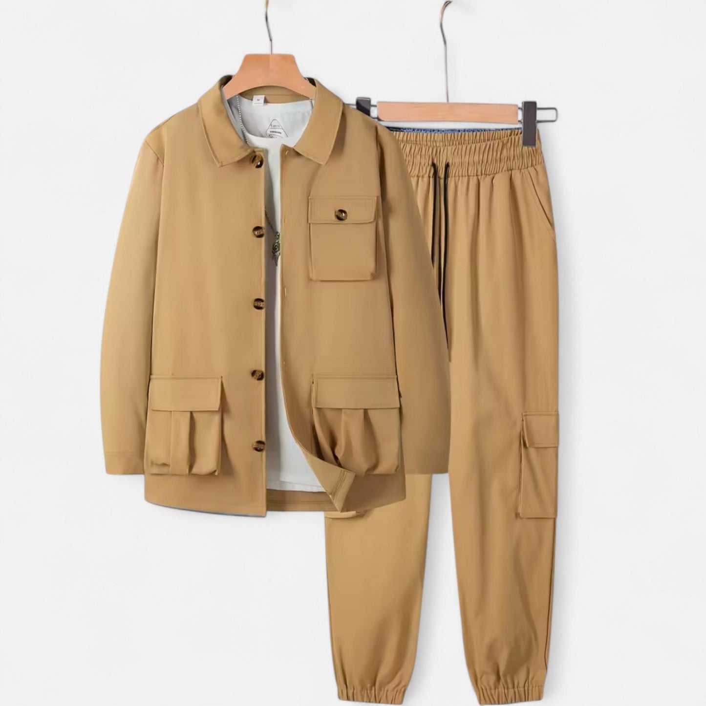 Herren Casual Workwear Set Multi-Taschen Hemd Jogger Kordelzug