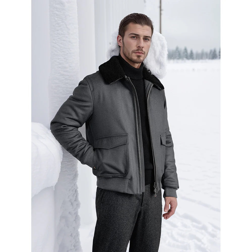 Herren Bomberjacke Shearling Kragen Zwei-Wege-Reißverschluss