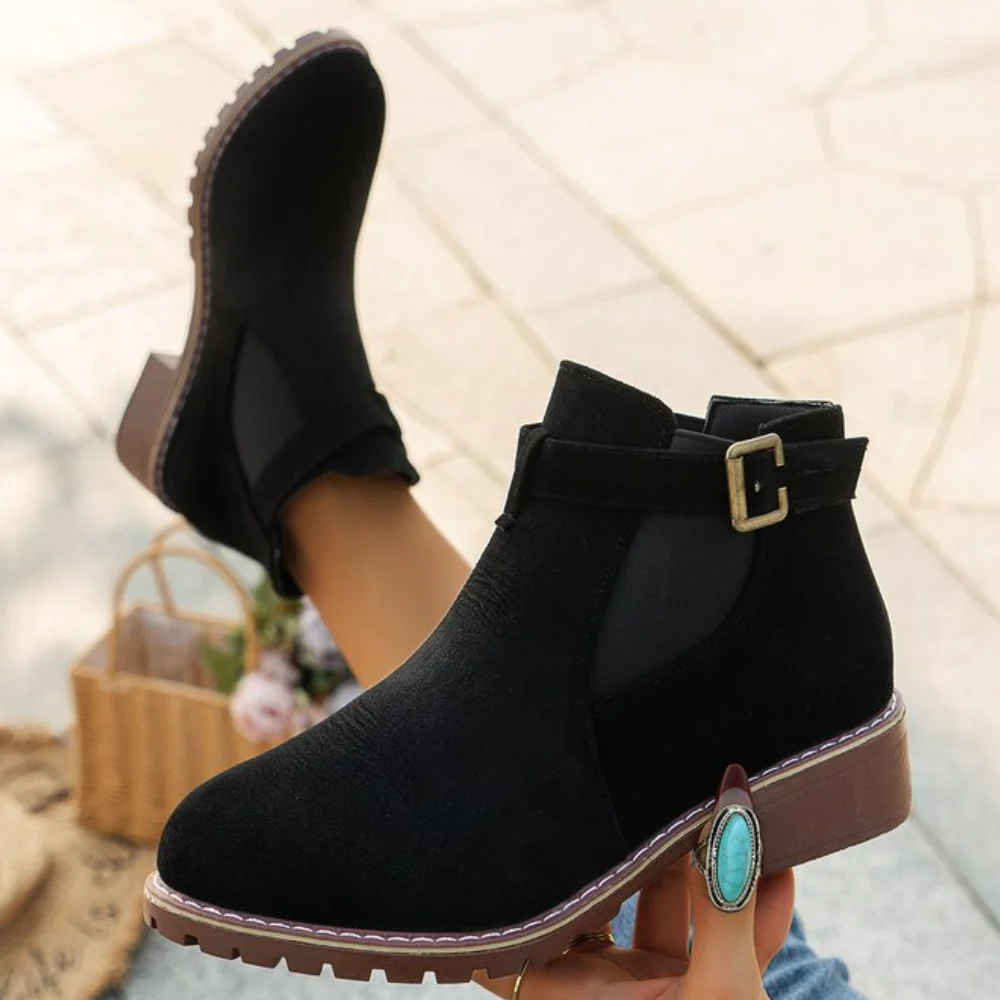 Eveloria Damen Stiefeletten Wildleder Schnallenriemen Elastisch