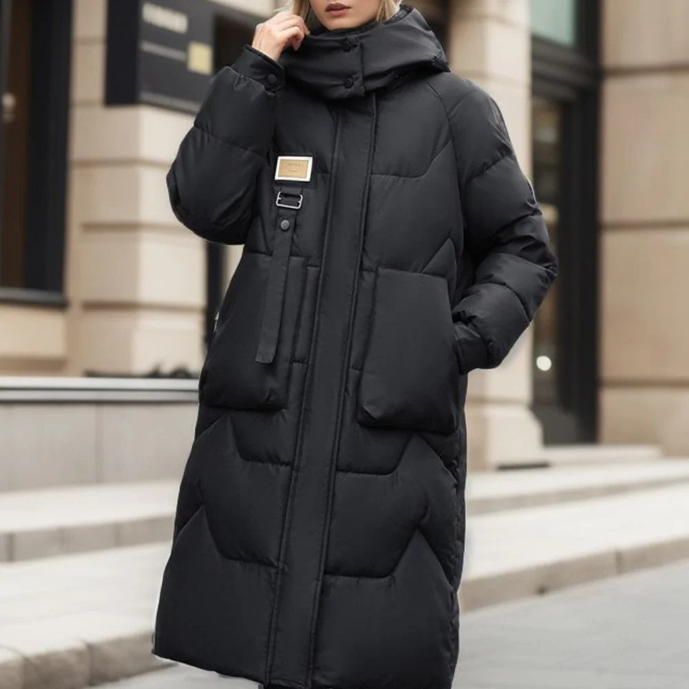 Damen Winter Trenchcoat Lang Gepolstert Schwarz - Eveloria
