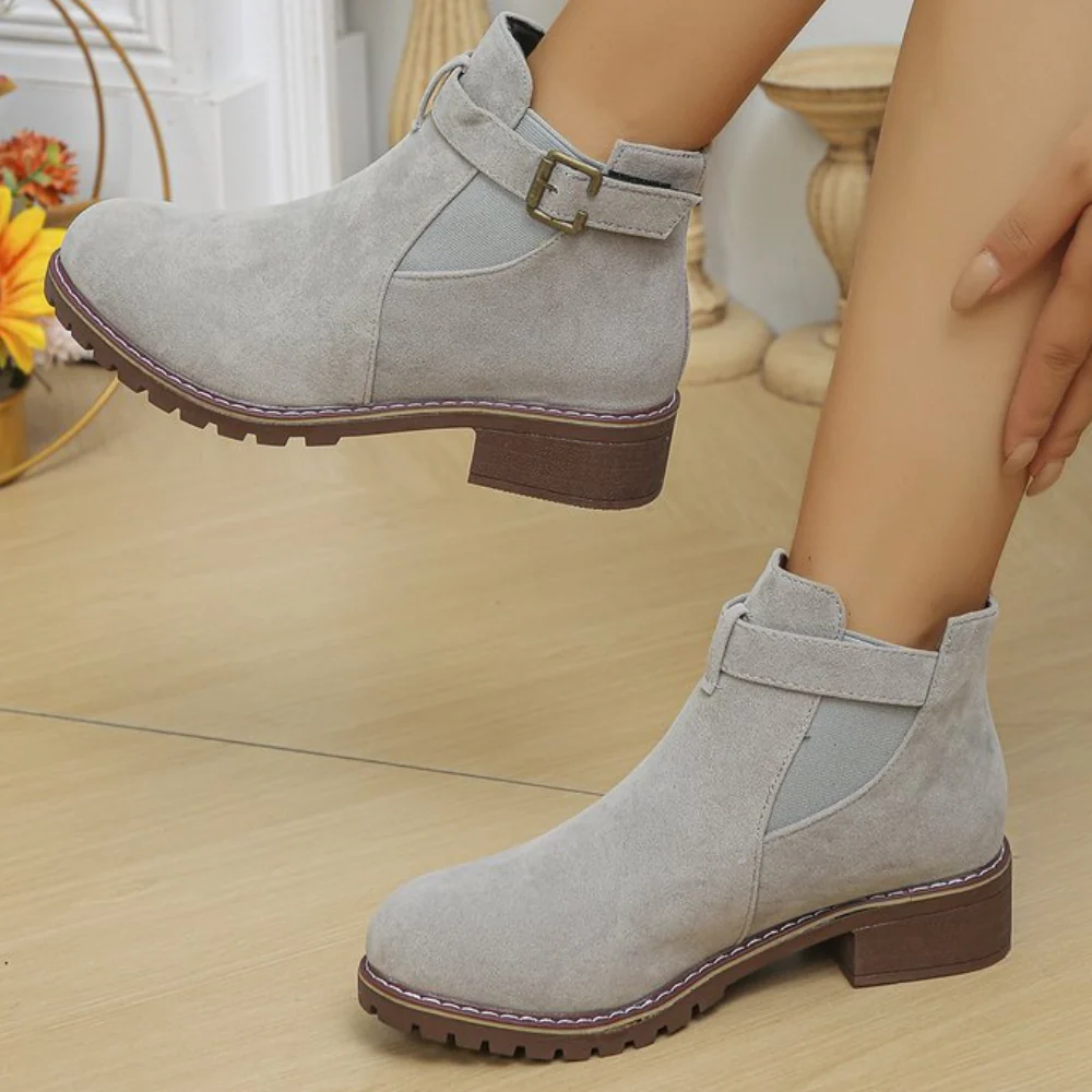 Eveloria Damen Stiefeletten Wildleder Schnallenriemen Elastisch