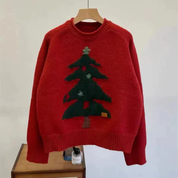 Eveloria Damen Pullover Wollstrick Rundhalsausschnitt Baumgrafik