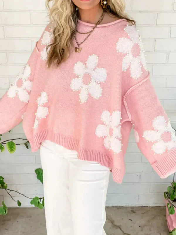 Eveloria Damen Pullover Strickwollmischung Oversized Blumenmuster - Eveloria