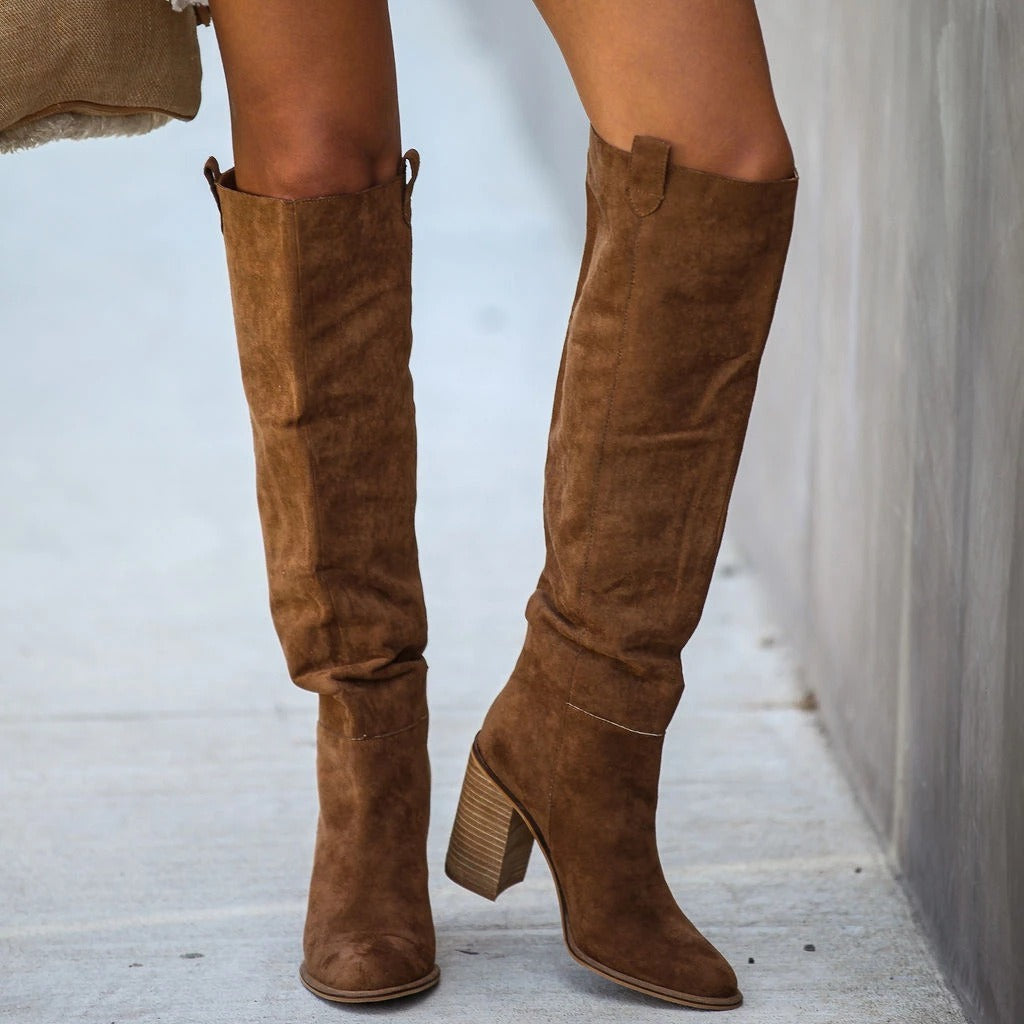 Eveloria Damen Über-Knie-Stiefel Wildleder-Optik Blockabsatz