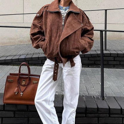 Damen Bomberjacke Oversized Wildleder-Look Asymmetrisch