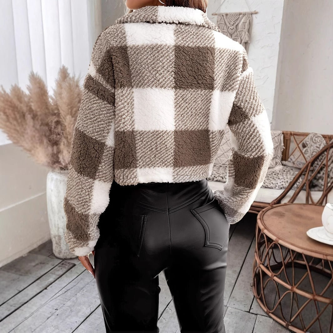 Damen Cropped Jacke Karomuster Teddy-Fleece Reißverschluss
