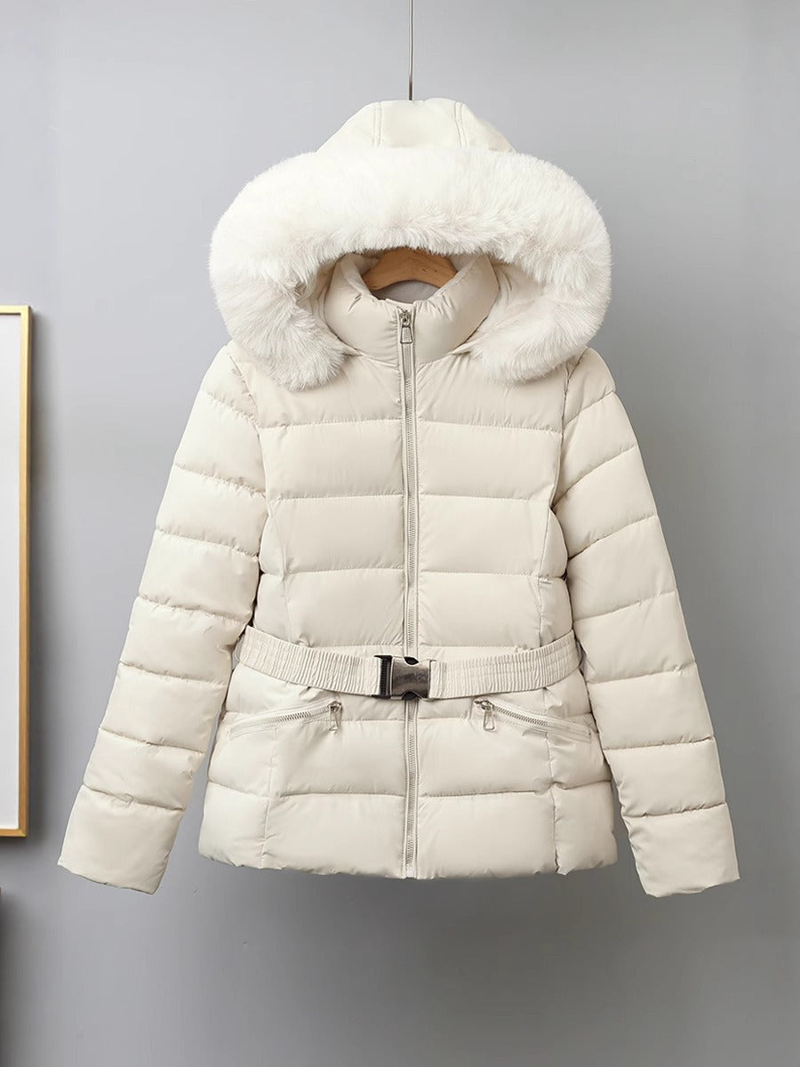 Damen Pufferjacke mit Gürtel und Fellkapuze
