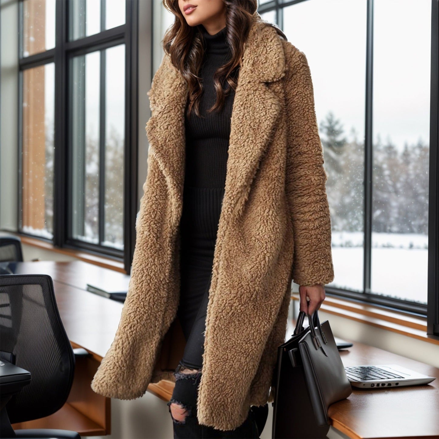 Damen Trenchcoat Teddy-Textur Offenes Frontdesign Beige