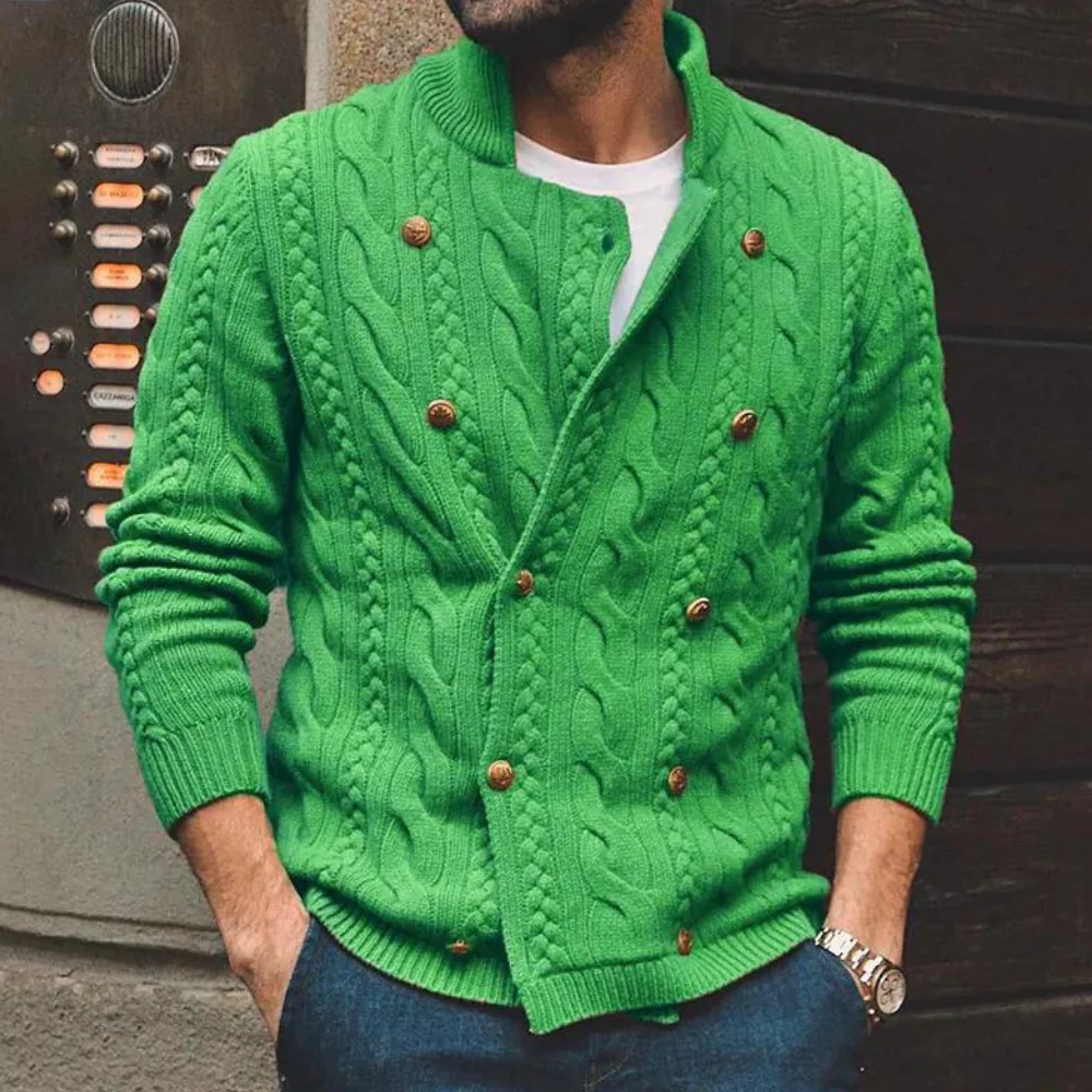 Herren Strickcardigan Zopfmuster Doppelreihe Knöpfe Beige