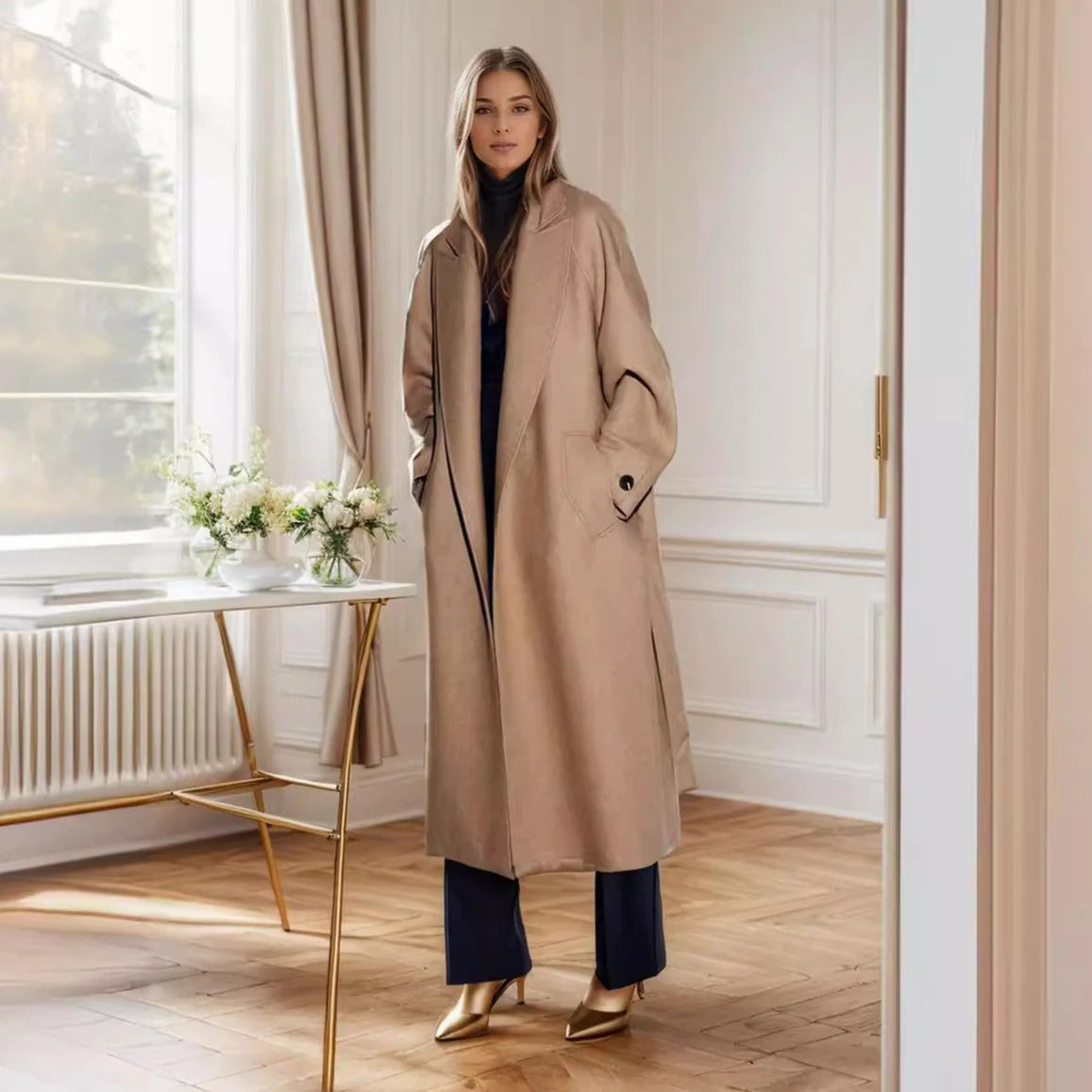 Inderra Damen Trenchcoat Midi-Länge Baumwolle Mit Bindegürtel