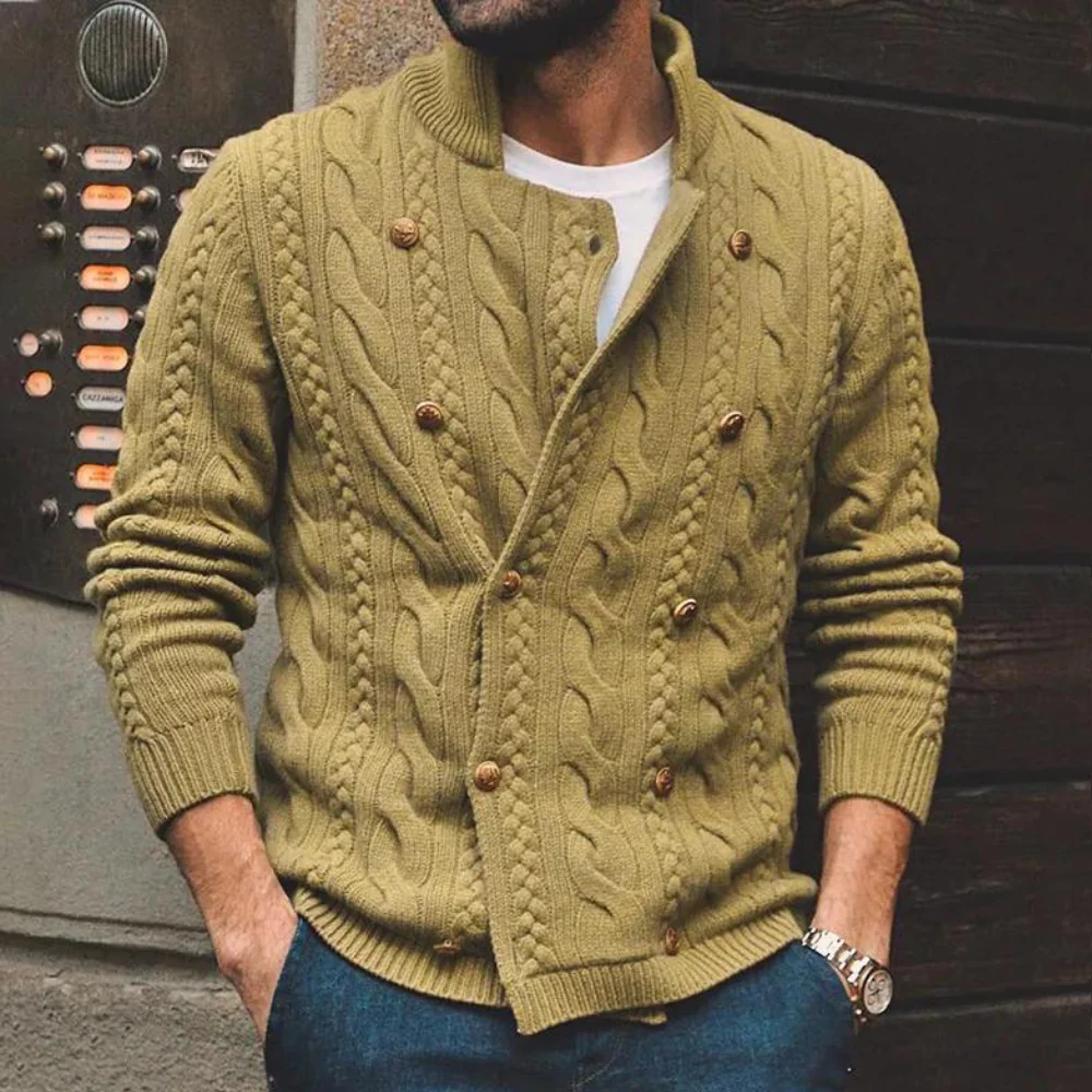 Herren Strickcardigan Zopfmuster Doppelreihe Knöpfe Beige