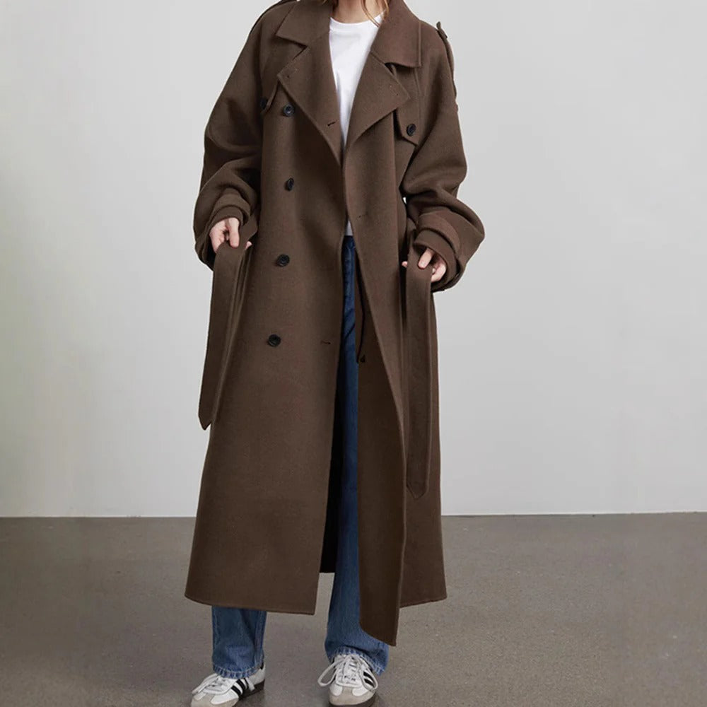 Damen Trenchcoat Lang Oversized Doppelreihner Schwarz - Eveloria